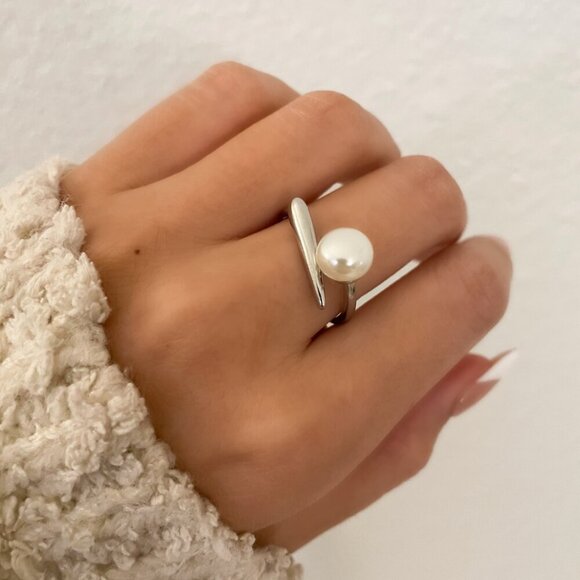 Jewelry - 925 Sterling Silver Pearl Ring Bar Ring Minimalist Dainty Ring Pearl Accent Ring